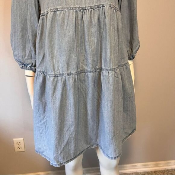 Mango Denim Tiered Smock Cotton Dress with Puff Sleeves in Blue Size 6 - Picture 9 of 11